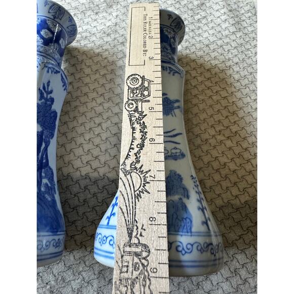 2 China Chinese Blue & White Porcelain Candlesticks Bamboo Prunus & Fungi pair - Picture 14 of 16